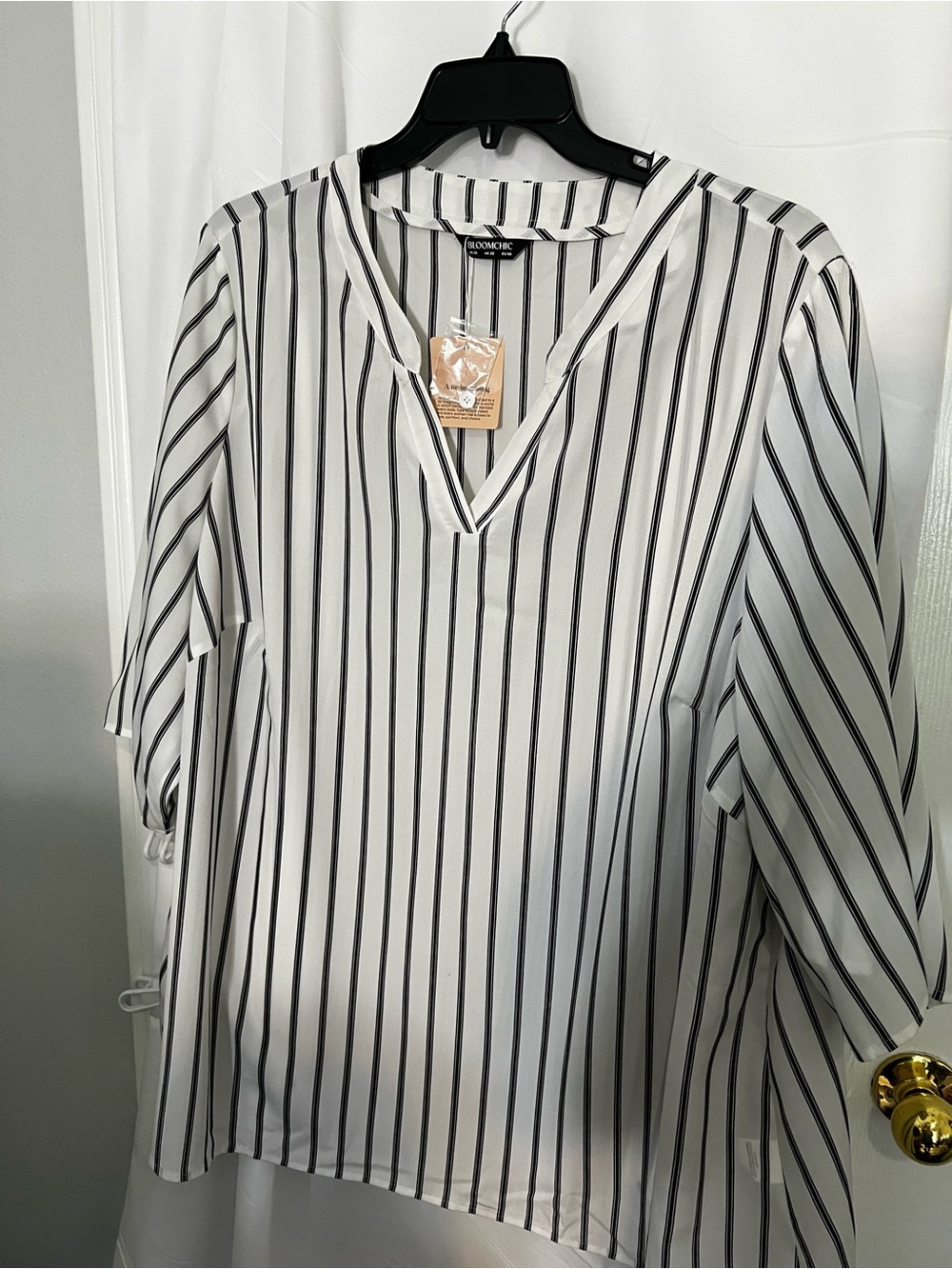 BloomChic White Blouse with Black Vertical Stripes